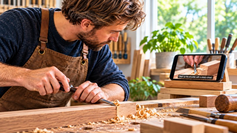 Follow a woodworking tutorial in your language while you focus on the details of your craft.